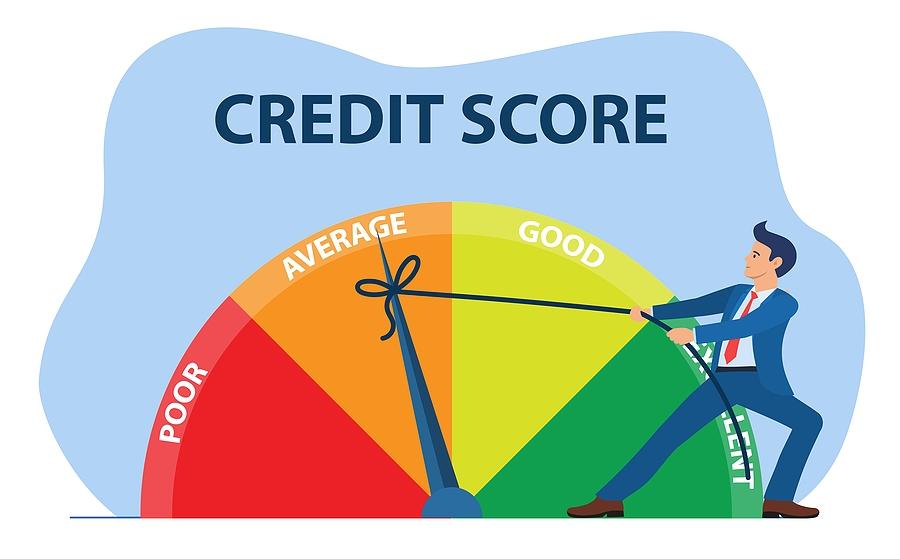 scale showing average credit score with man pulling the indicator